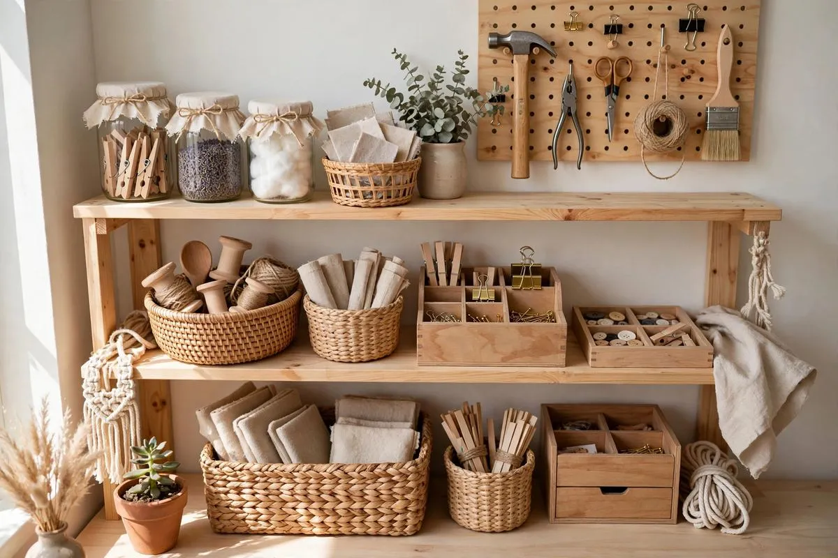 Handmade labeled storage jars and baskets on wooden shelves