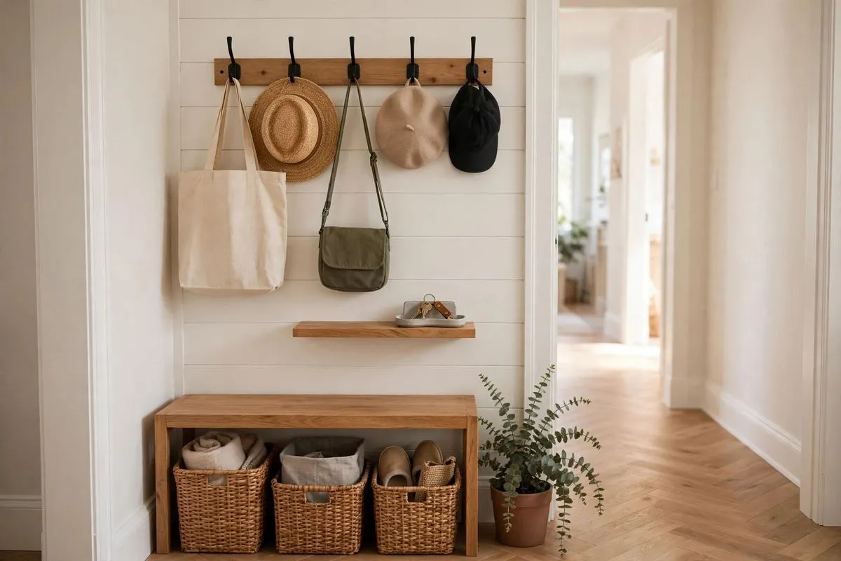 Small organized entryway with wall hooks and baskets