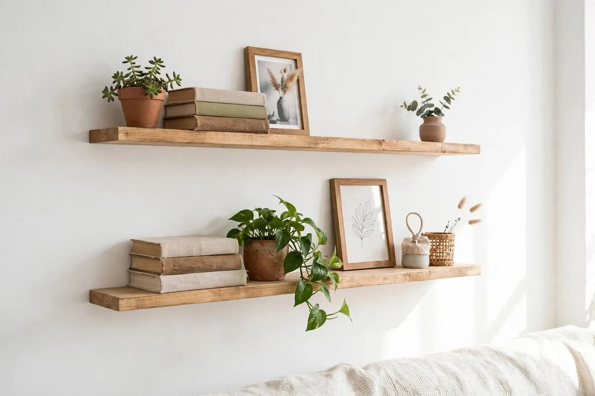 Wooden floating shelves styled with plants and books