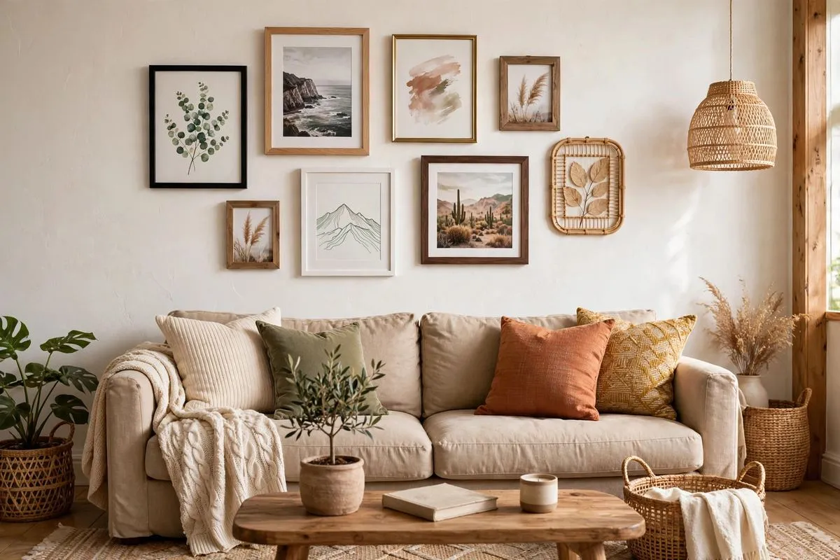 Gallery wall of mixed frames above a sofa