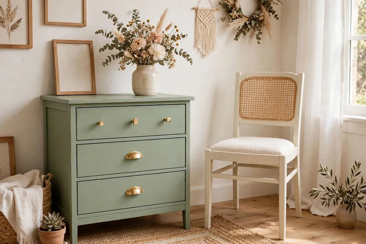 Wooden dresser painted sage green with new knobs