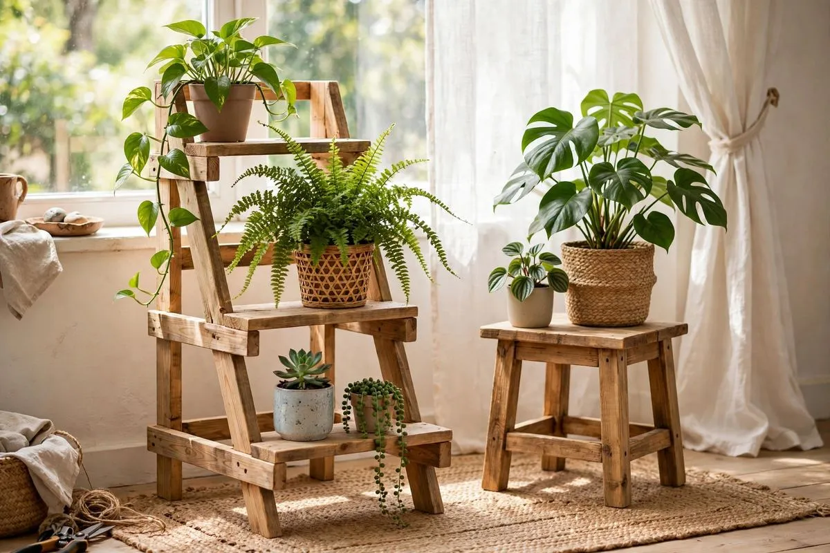 Handmade wooden plant stands with green houseplants