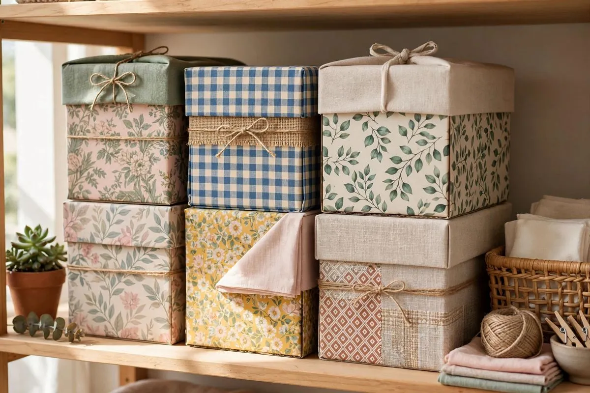 Handmade cardboard storage boxes covered in patterned paper