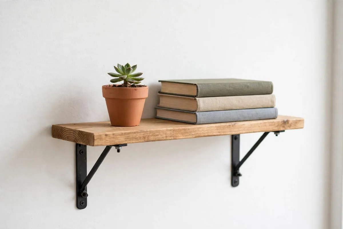 Handmade wooden wall shelf with plant and books