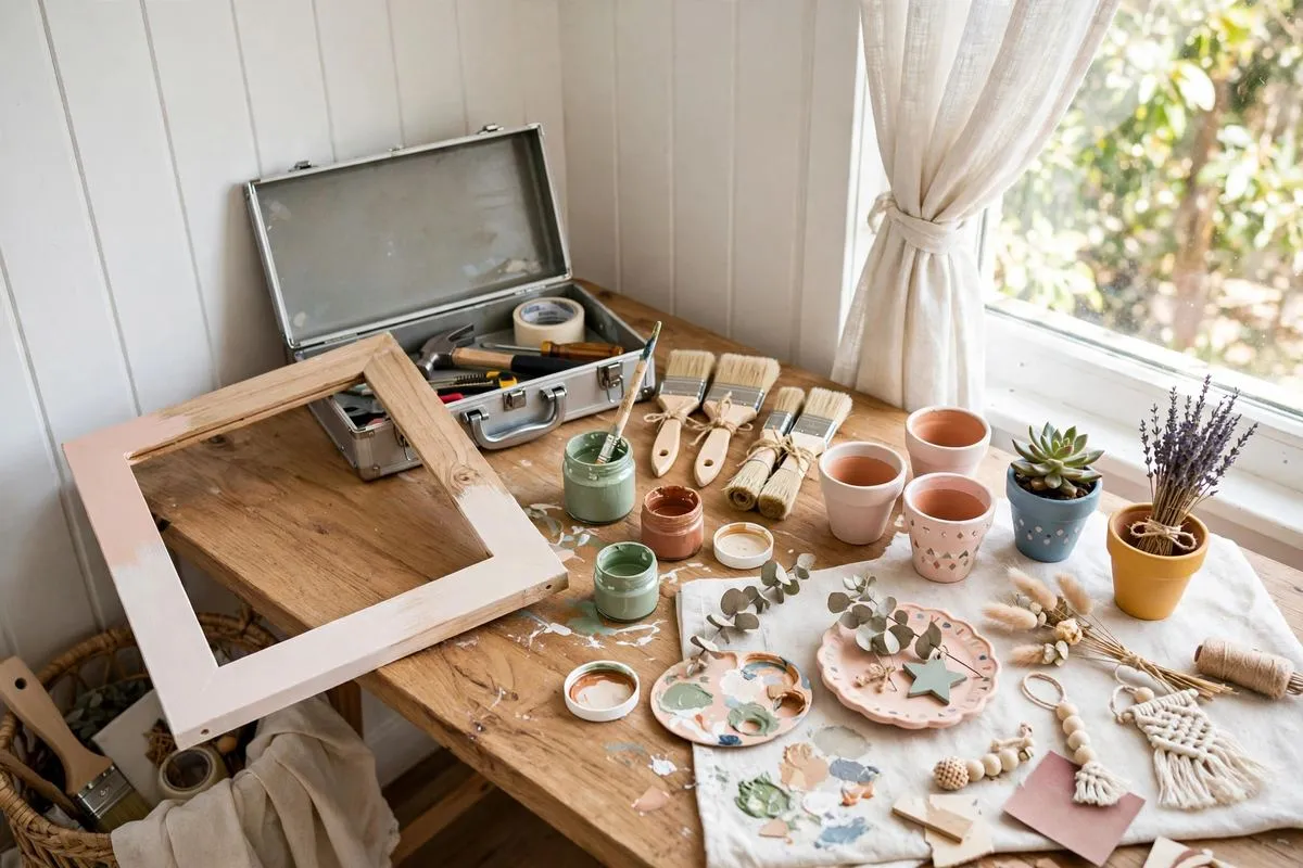DIY project supplies and finished crafts on a table