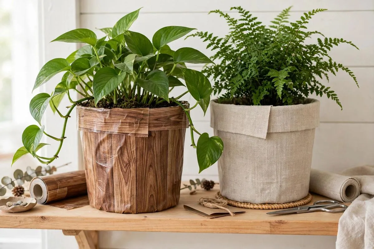 DIY cachepots made from patterned shelf liner holding green houseplants