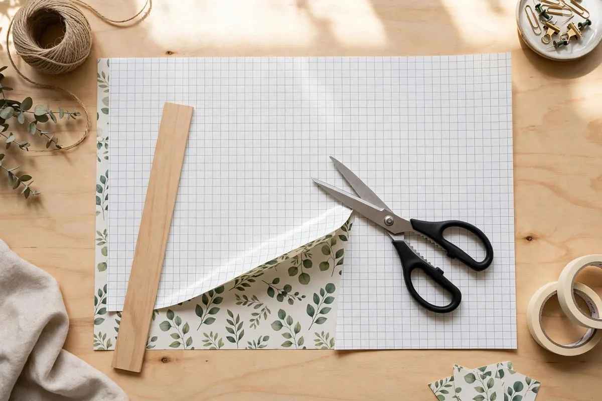 Measuring and cutting adhesive shelf liner with scissors using grid lines