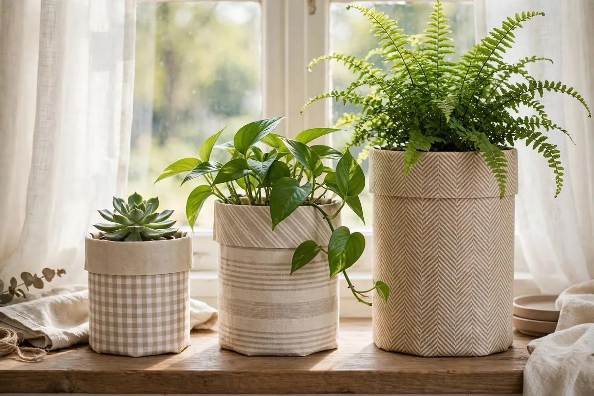 Set of three DIY shelf liner cachepots in different heights on a windowsill