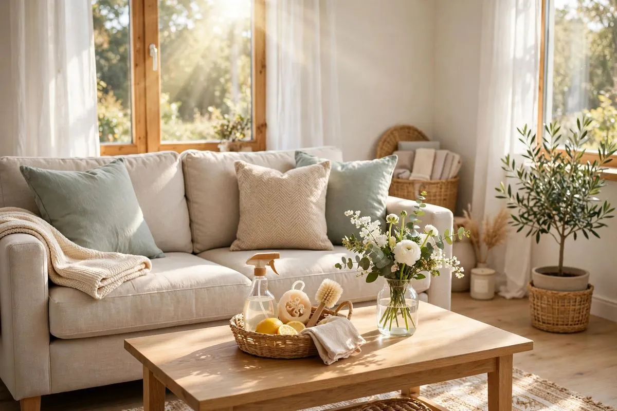 Bright tidy living room with natural cleaning supplies