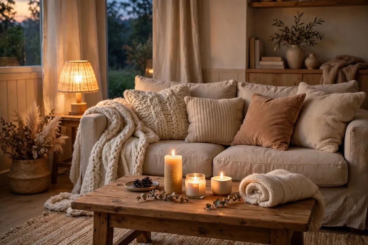 Warm cozy living room with lamp light and knit blankets