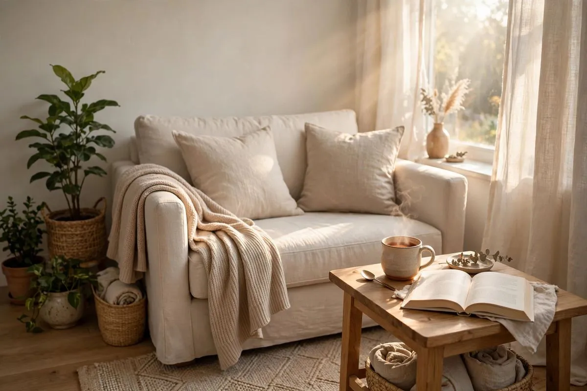 Cozy living room in soft morning light with tea and a book