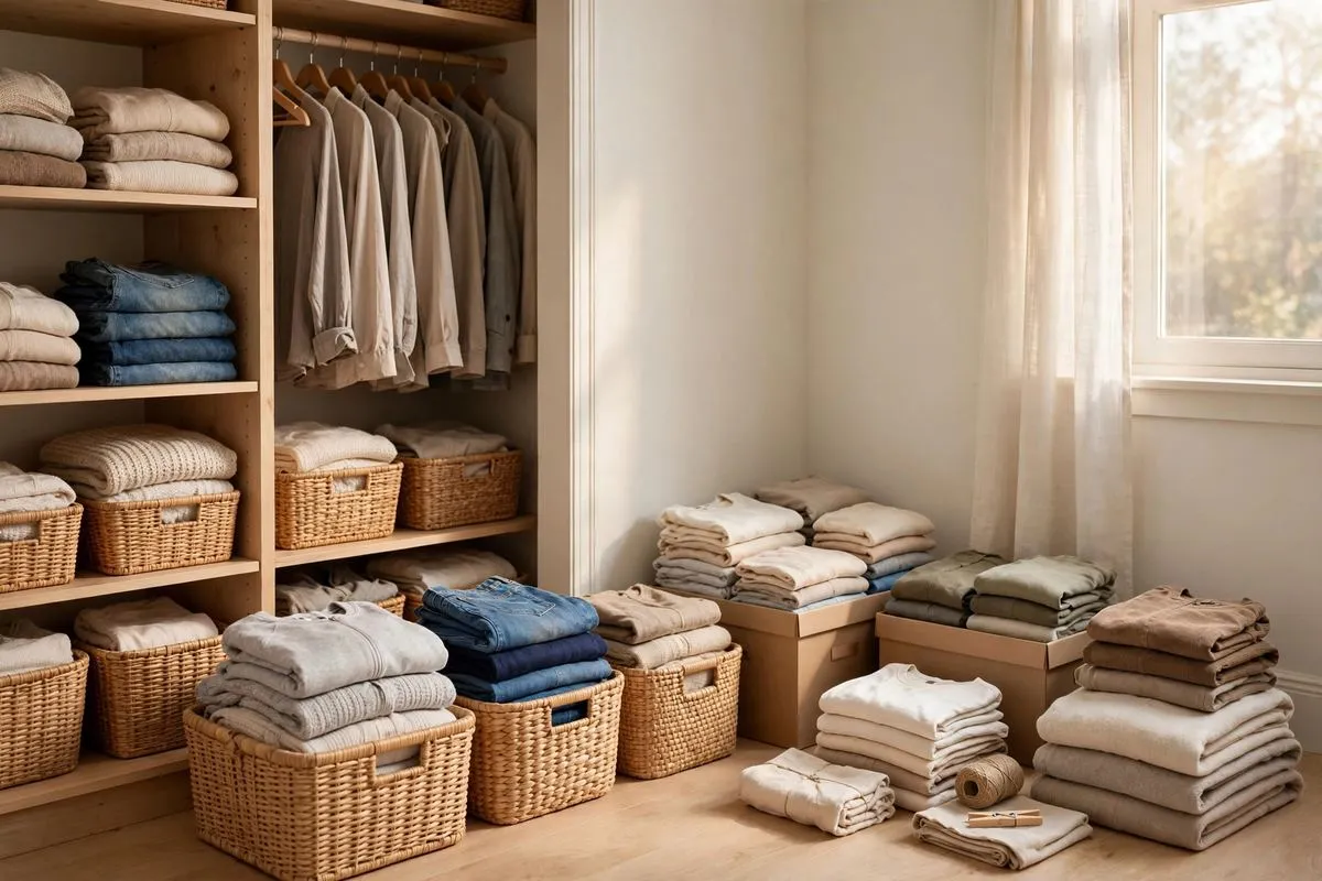 Bedroom corner with sorting boxes for decluttering