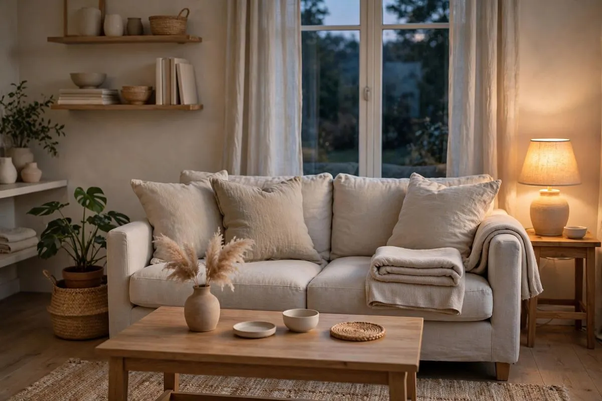 Tidy living room in warm evening lamp light