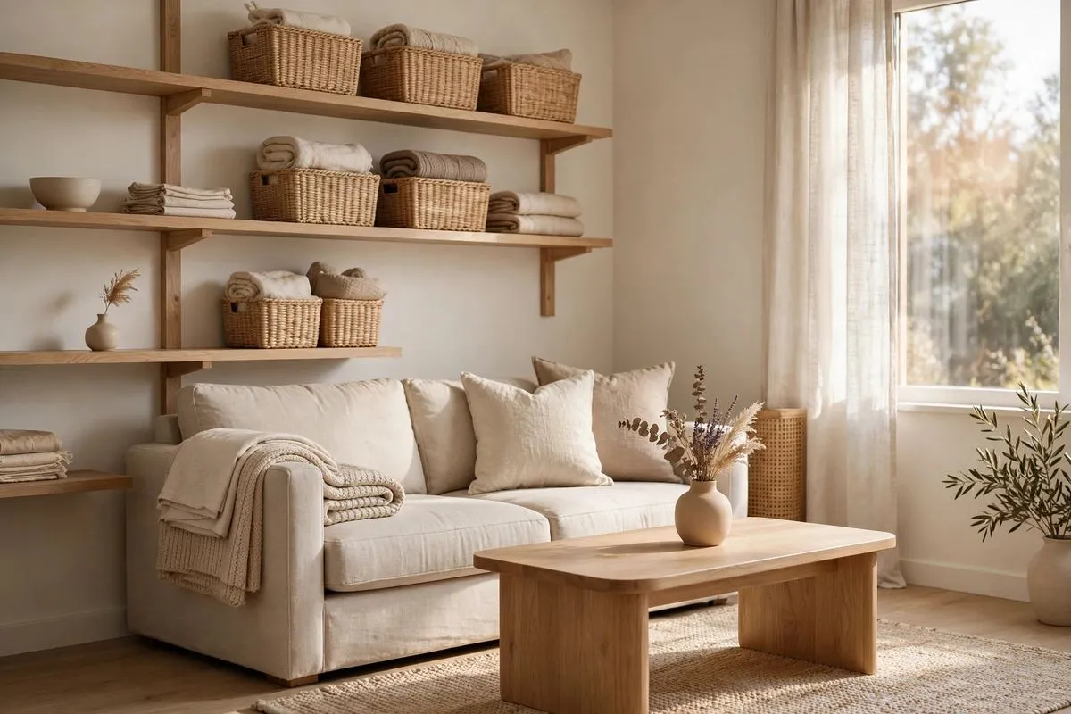 Tidy organized living room with woven storage baskets