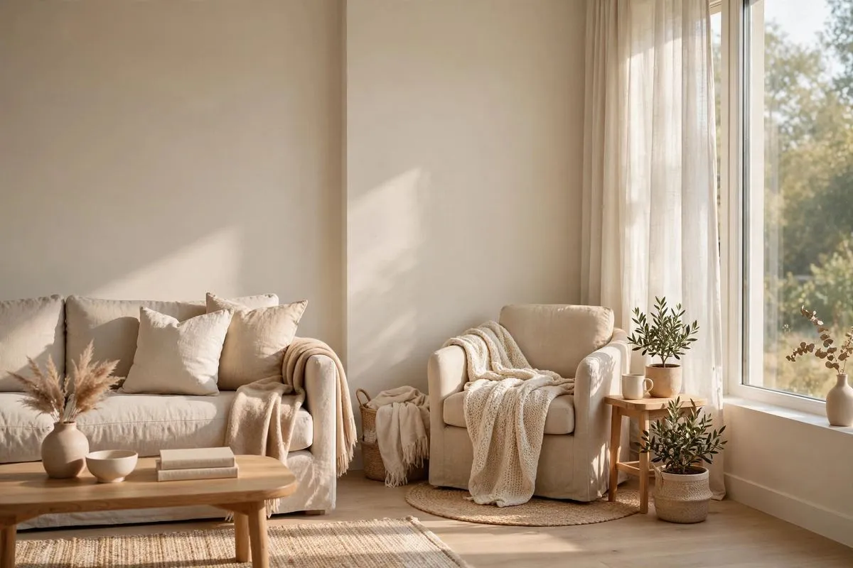 Calm living room with reading nook in soft neutral tones