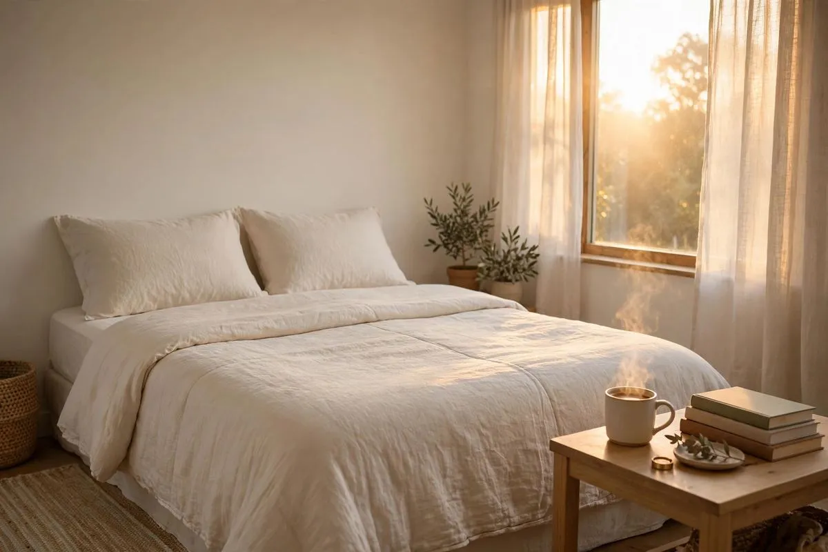 Peaceful bedroom at sunrise with coffee on the nightstand