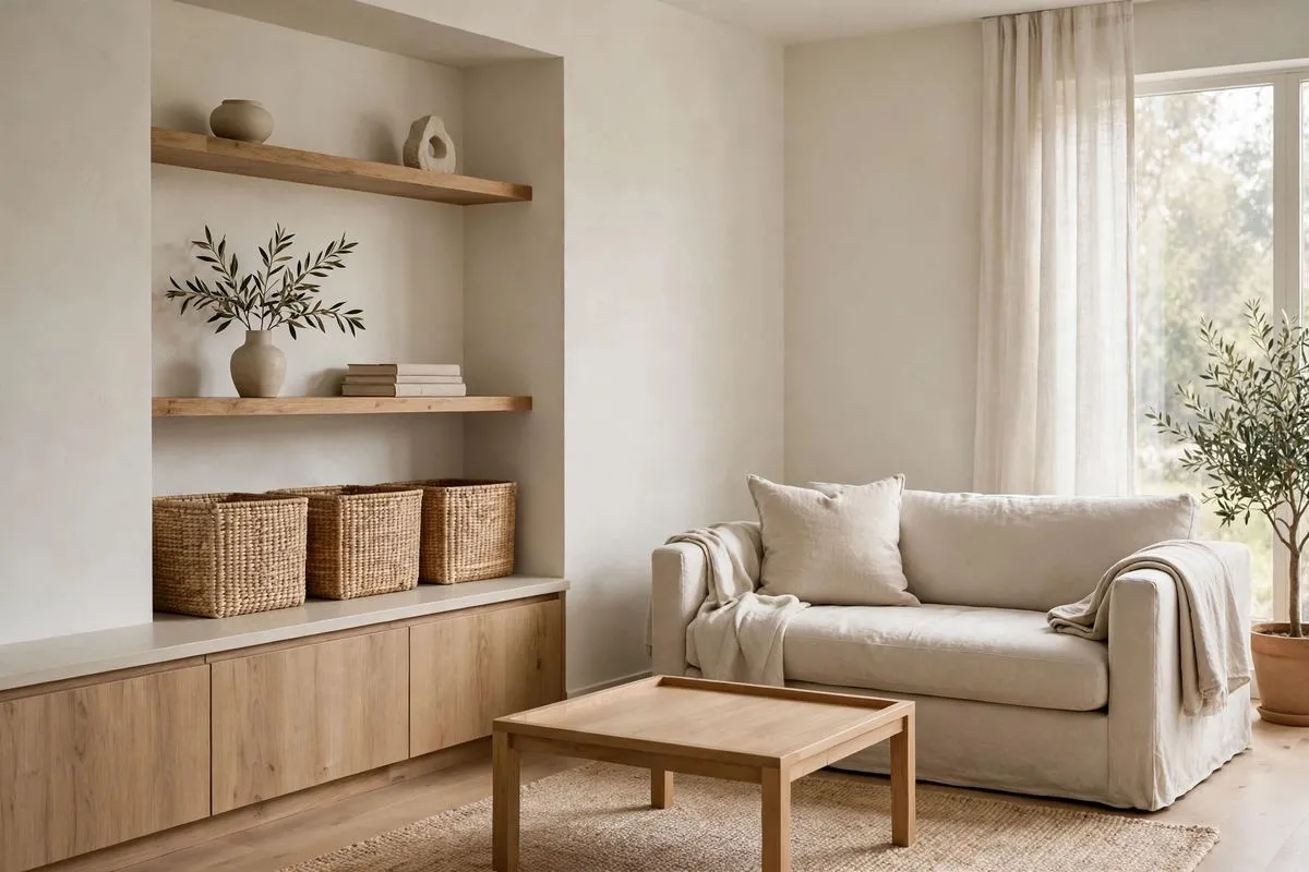 Minimal clutter-free living room with organized shelves