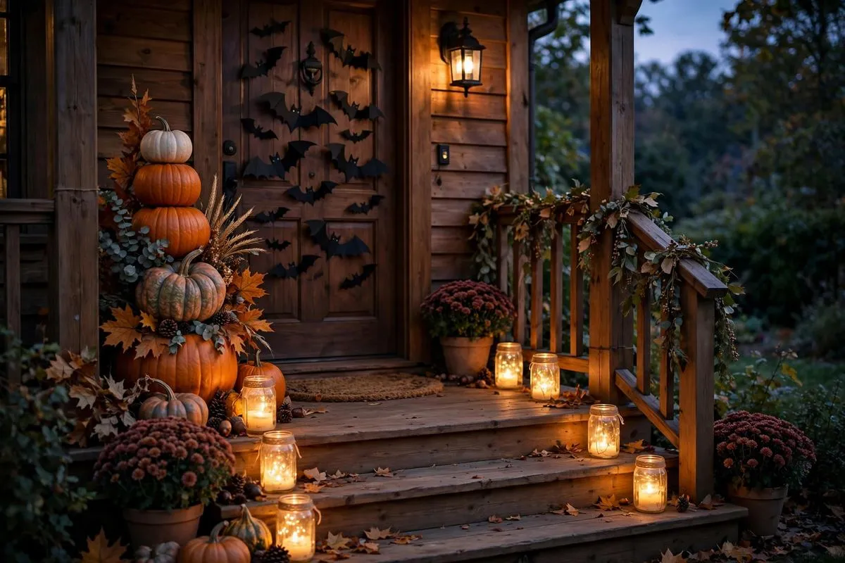 Front porch decorated for Halloween with pumpkins, bats and glowing luminaries
