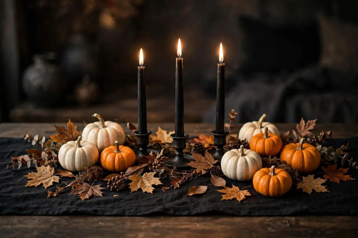 Halloween table centerpiece with black runner, pumpkins and candles
