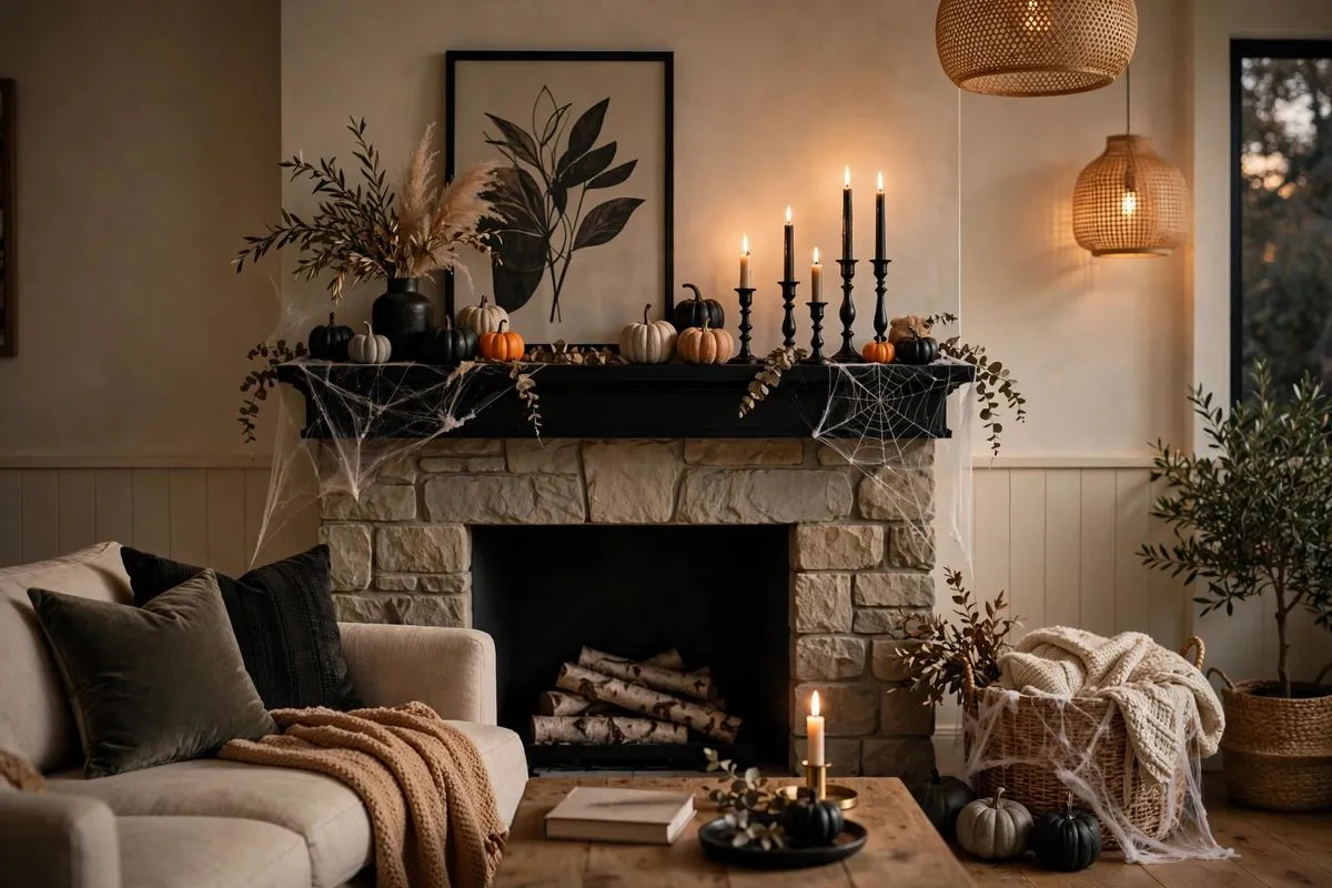 Cozy living room styled with elegant Halloween decorations and candlelight