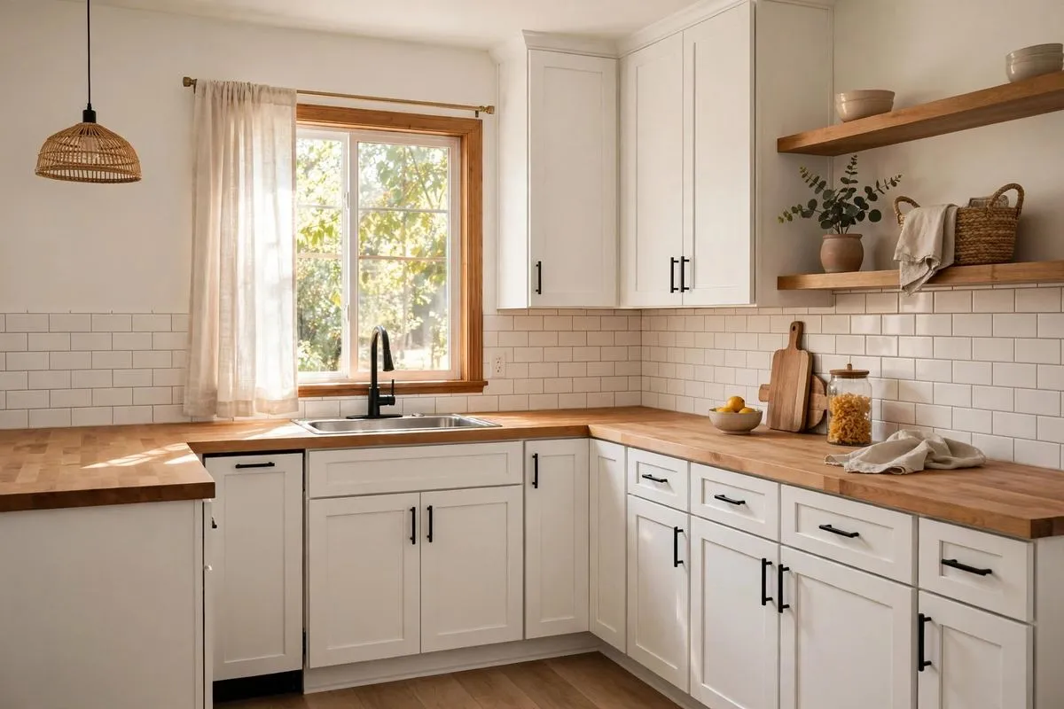 Bright renovated kitchen with new white cabinets installed