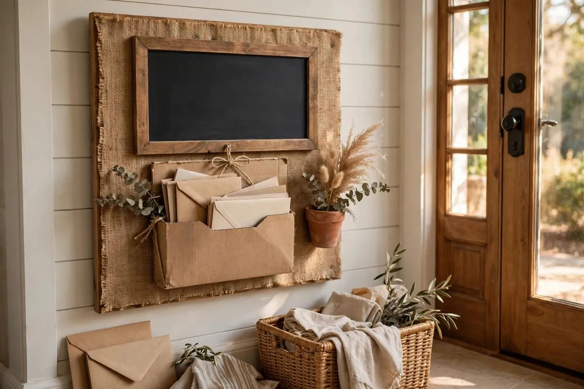 DIY mail center made from cabinet back with burlap, chalkboard and pizza box mail holder