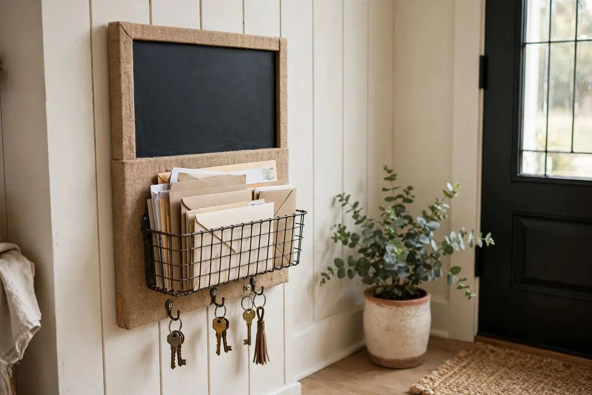 DIY Mail Center from a Broken Cabinet (and a Pizza Box!) 4 Finished DIY mail center with chalkboard notes and mail holder by the front door