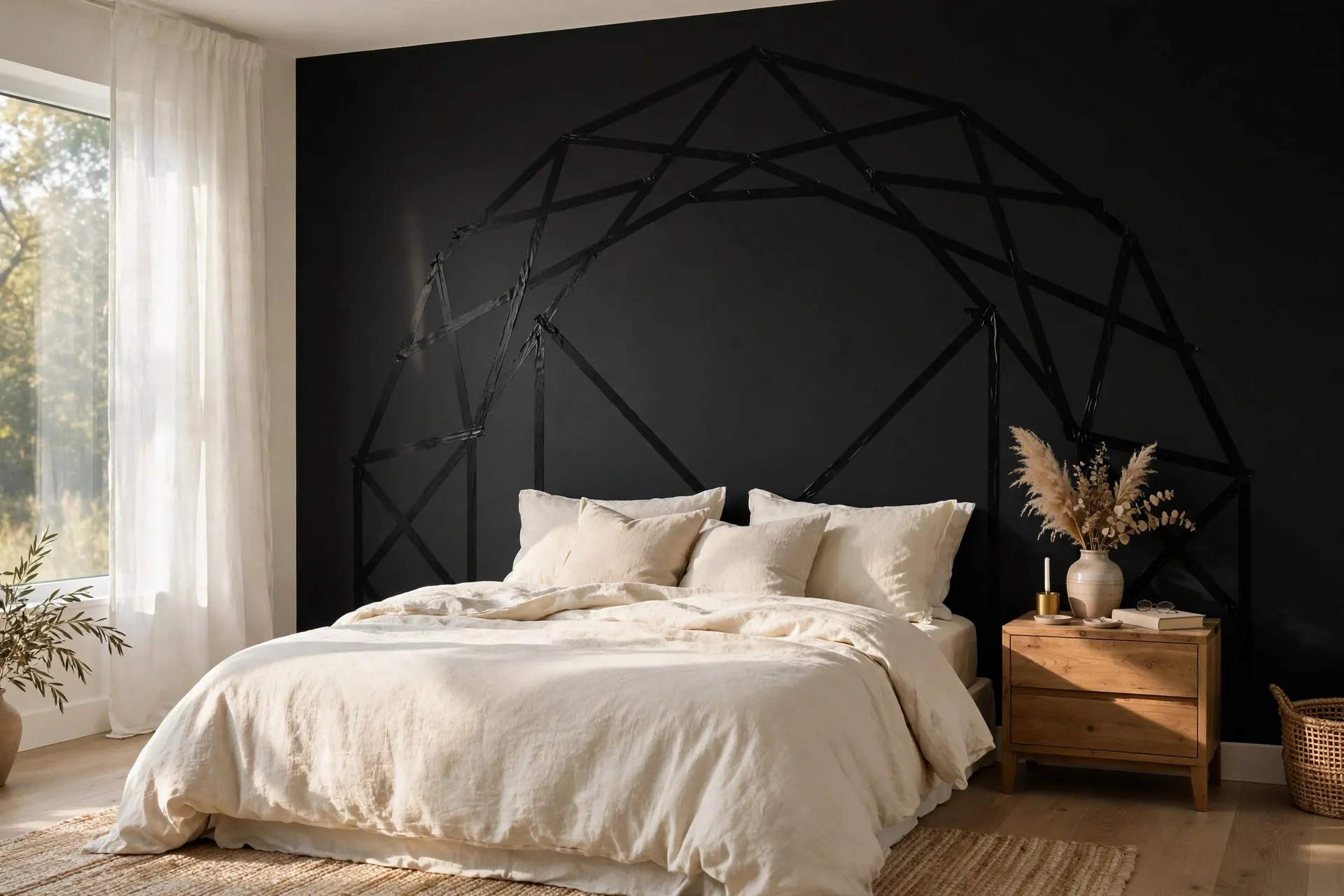 15-Minute DIY Accent Wall with Electrical Tape (Renter-Friendly!) 2 Bedroom with black tape accent wall in arch design