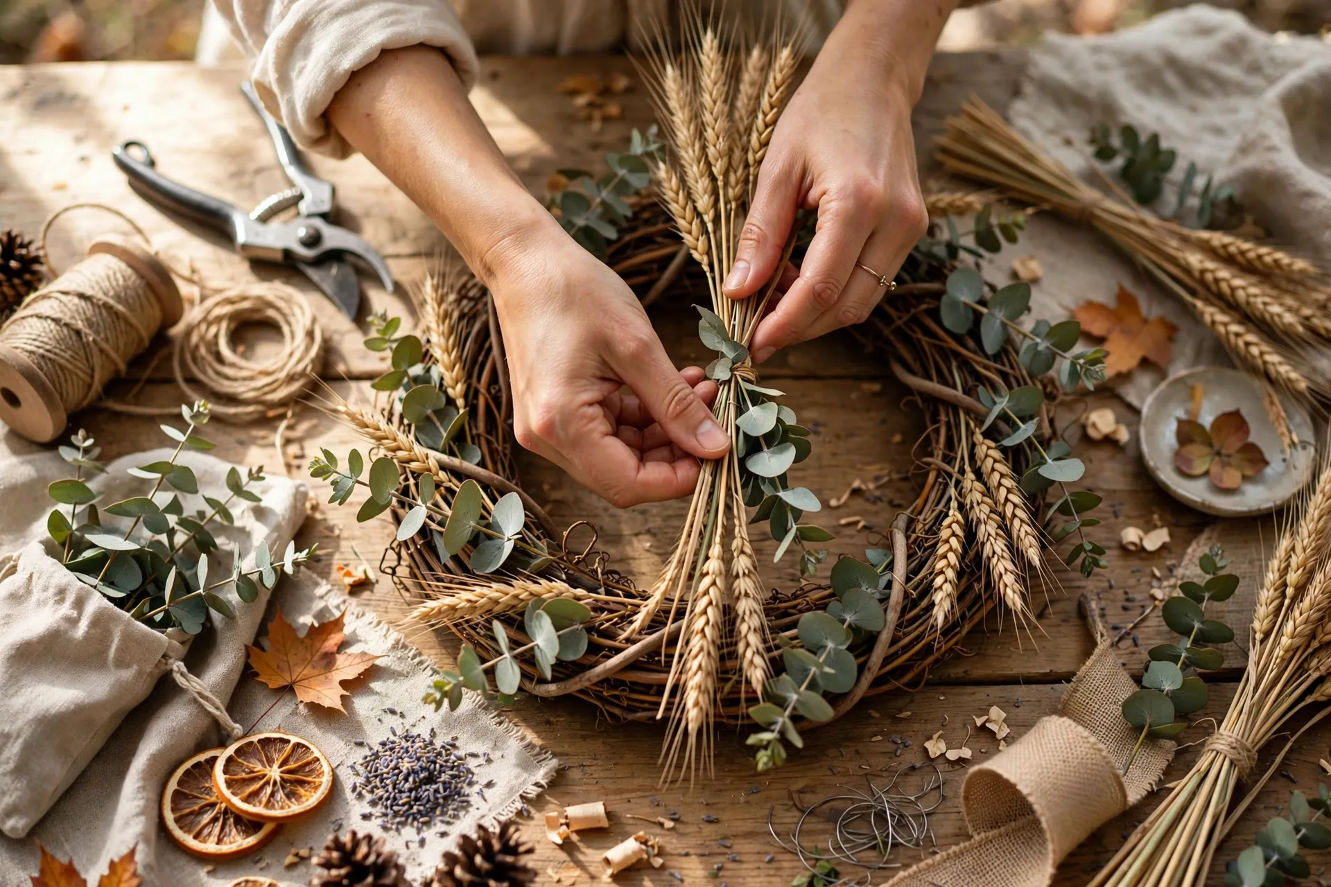 20 Cozy Fall Wreath Ideas for Your Front Door 3 Hands making a DIY fall wreath with dried stems