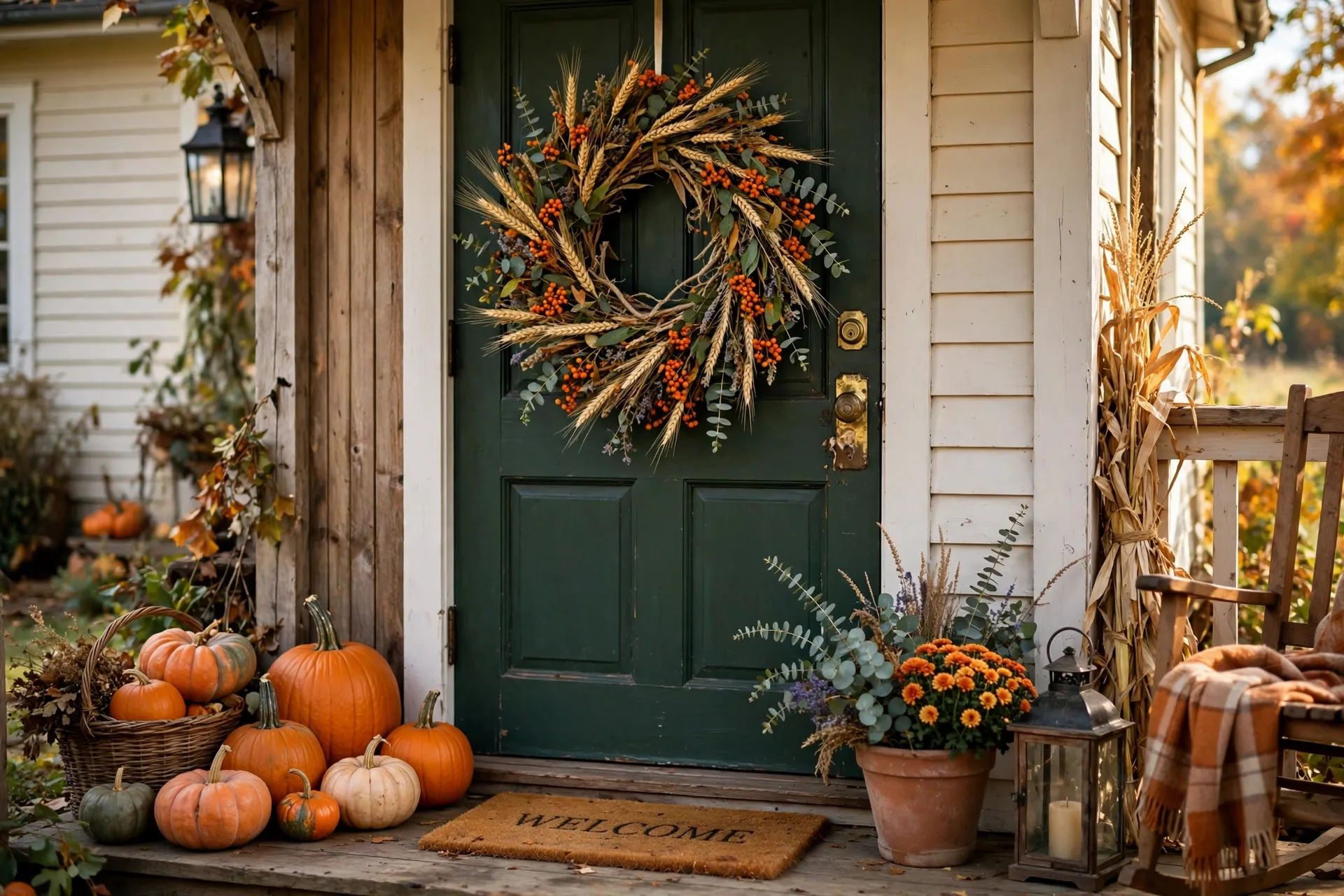 Fall wreath hanging on a green front door