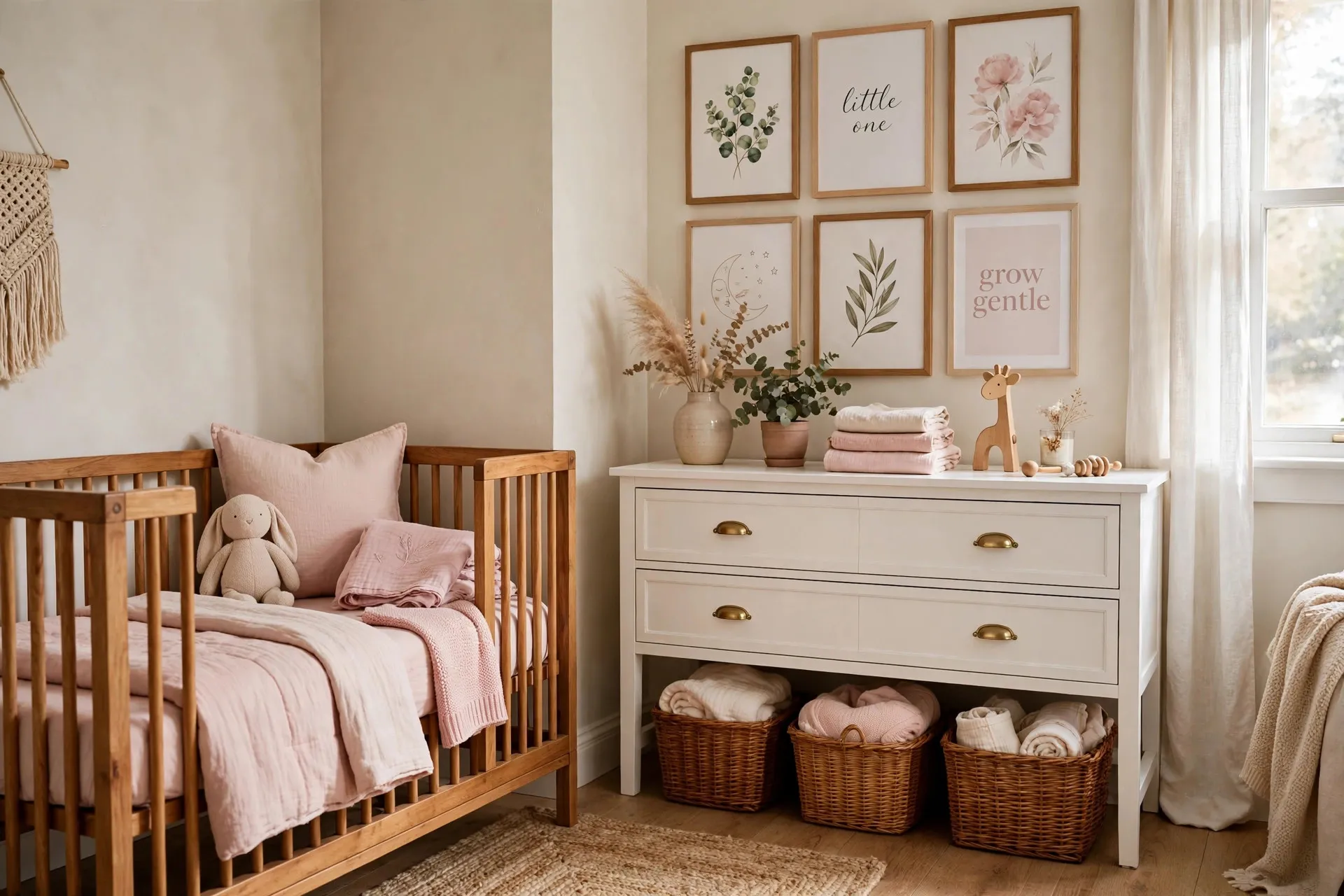 Nursery crib corner with gallery wall and white dresser