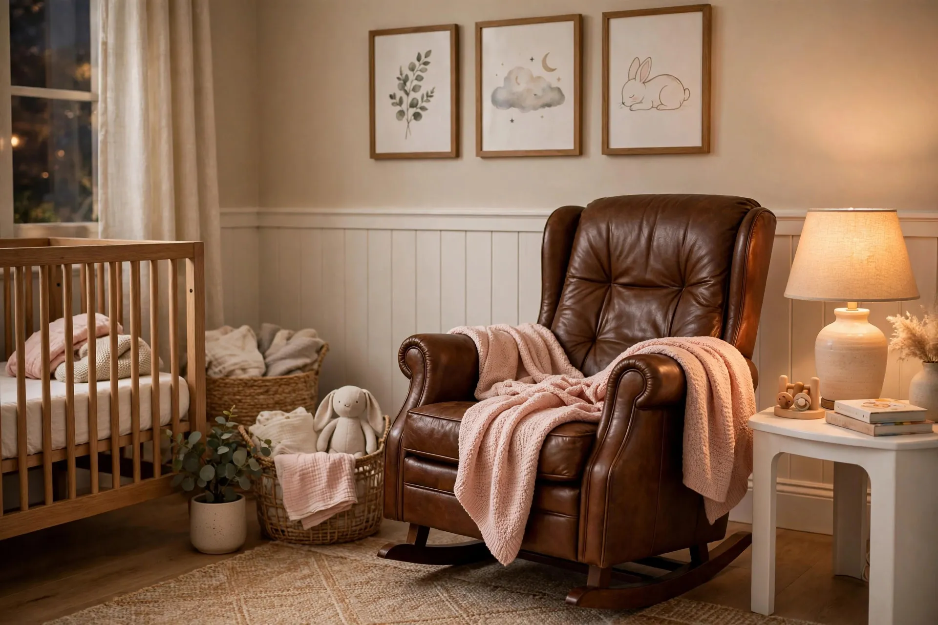 Cozy nursery rocking chair corner with blush pink throw
