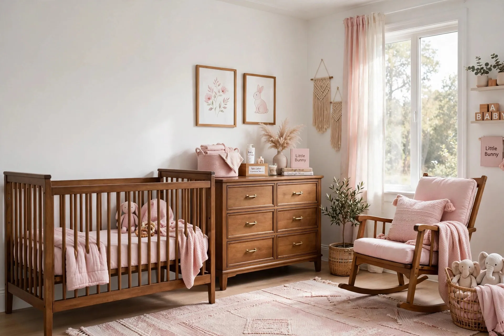 Pink white and brown nursery with wooden crib